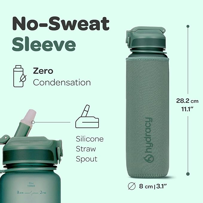 Hydracy Water Bottle with Time Marker -Large BPA Free Water Bottle & No Sweat Sleeve -Leak Proof Gym Bottle with Fruit Infuser Strainer & Times to Drink -Ideal for Fitness Sports & Outdoors