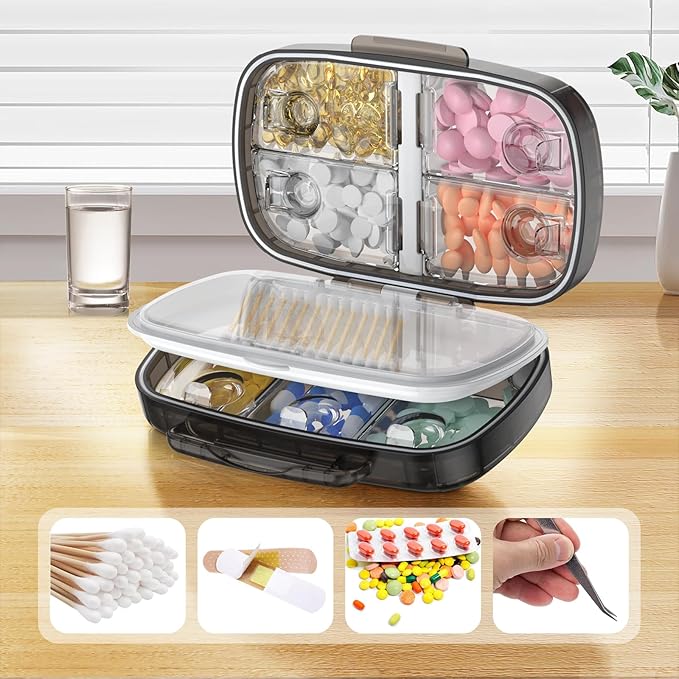 Travel Pill Organizer airtight Medicine Storage Container Pill Box for Purse Vitamin Large Compartments Portable Medication Pocket Pharmacy with Labels Supplement Holder Pill Case