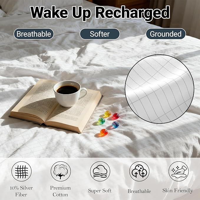 Grounding Sheets Queen,90% Cotton 10% Silver Fiber,Grounded Bed Sheet, Deep Pocket Grounded Bed Sheet, Improve Sleep (Queen)