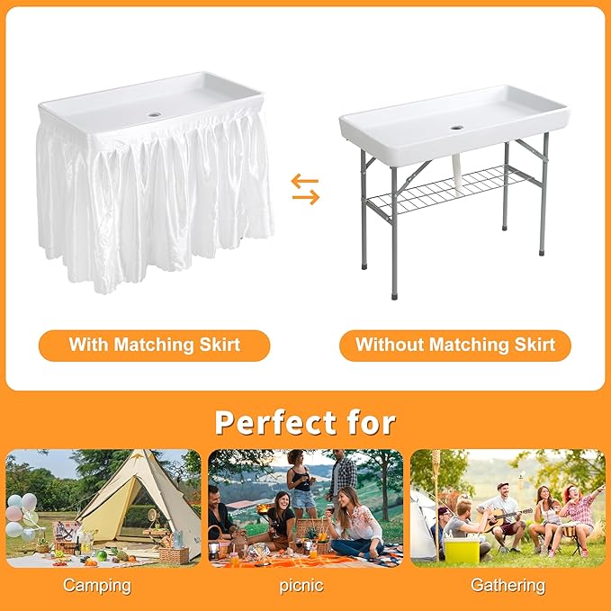Allpop 4 Foot Folding Ice Cooler Table with Matching Skirt, Portable Patio Table with Grid Rack & Drain Hose for Party Bar Picnic BBQ Camping Wedding, White