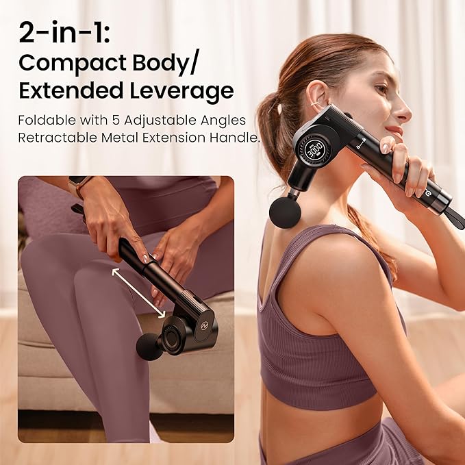 NAPRE Foldable Massage Gun with Extension Handle & 5 Adjustable Angles,Deep Tissue Back Massage for Neck/Body Pain Relief,Handheld Percussion Muscle Massager,32 Speeds,6 Heads & Silent,with Case