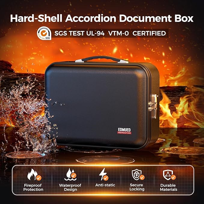 Fireproof Document Box with Combination Lock, Fireproof Water Resistant Hard Case Safe Box for Important Documents Certificates Laptop Passports