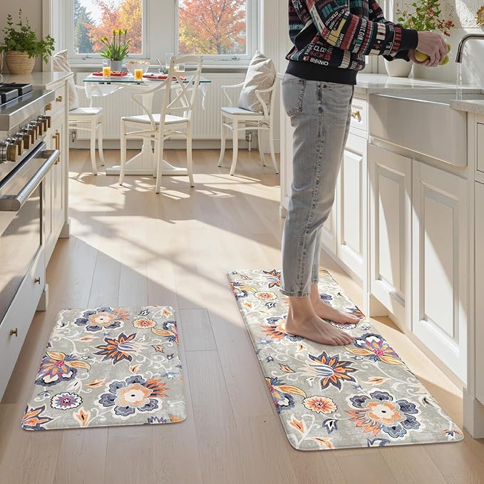 LEEVAN Anti Fatigue Mats for Kitchen Floor 2 Piece,Cushioned Memory Foam Blue Gray Kitchen Mats for Floor,Comfort Floral Boho Non Slip Kitchen Floor Mat for Sink,Laundry,Office(20"x31"+20"x47")