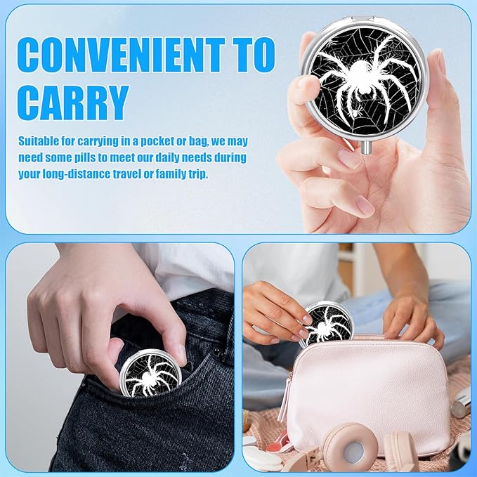 Pill Box, 3 Compartments Small Pill Case Travel Portable Metal Medicine Box with Mirror Mini Container for Purse Pocket Women Men（Black Spider Web）