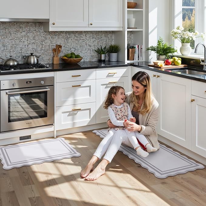 KIMODE Anti Fatigue Kitchen Mats, Light Grey Kitchen Rugs, Padded Kitchen Mat for Floor, Comfort Standing Desk Mat, Cushioned Kitchen Mats for Floor 2 Piece for Laundry Office Sink 17"x47"+17"x29"