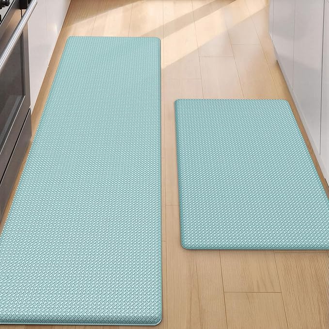 Color&Geometry Anti Fatigue Cushion Padded Kitchen Mat for Floor - 17x29+17x59,Easy Clean, Waterproof & Oil Proof, Anti Slip, Foam Rubber Runner Rug for Front Sink Comfort Standing, Teal Set of 2