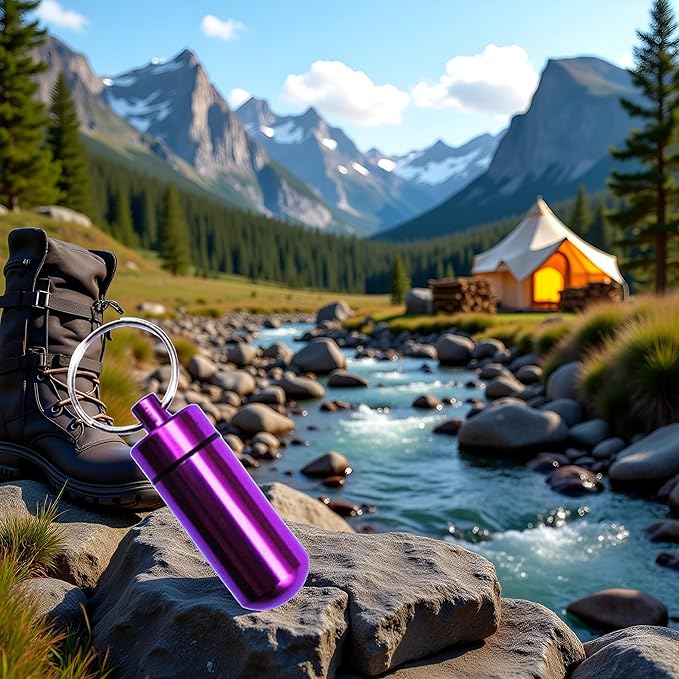 Purple Pill Organizer Mini Pill Box, Metal Pill Box Emergency Medicine Drug Box Tank with Keychain Case Stainless Steel for Outdoor Travel Waterproof Case Outdoor Camping Hiking Traveling Pill Organiz