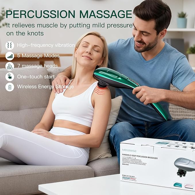 MEGAWISE Handheld Back Massager w/Rechargeable 3200mAh Battery, 5 Speed and 5 +2 Massage Nodes with Hard (Dark Green)