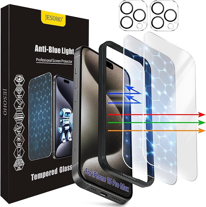 Screen Protector for iPhone 15 Pro Max [6.7 Inch] 2 pcs colorless Anti-Blue Light Tempered Glass Films No Bubbles 9H Hardness Case Friendly with Camera Lens Protector