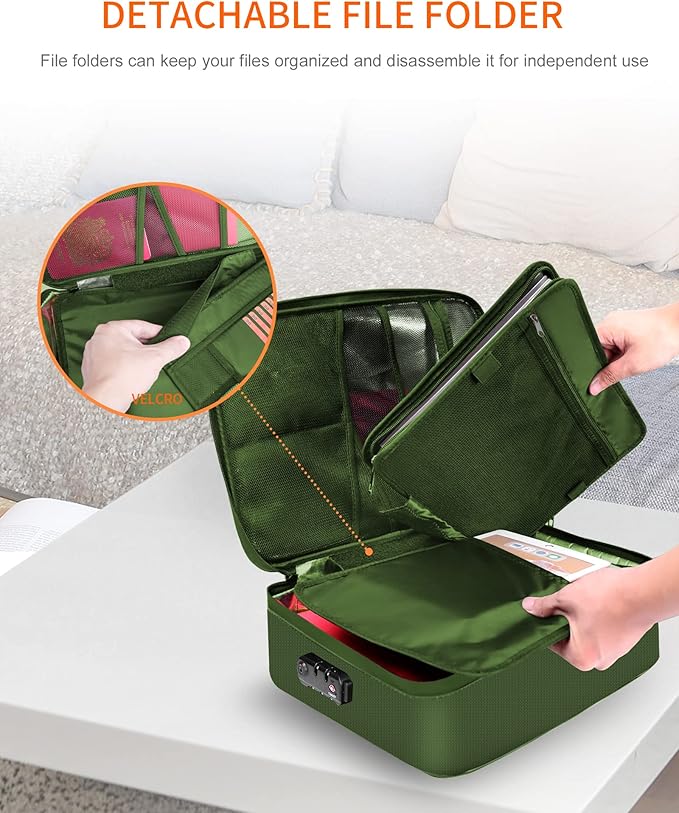 Noiposi Important Document Organizer, Waterproof and Fireproof Document Box with 7 Pockets File Folder,Portable Home Fire Safe Storage Box Case with Lock for Documents,File and Card,Green