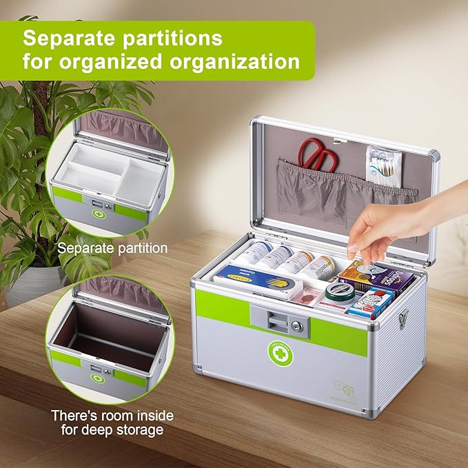 Medicine box with lock 15.9 x9.3X 8.9 inches [Extra Large], Medication Lock box ，First Aid Key Safe Box with Lock, Medical Box Organizer