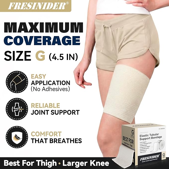 FRESINIDER Size G Elastic Tubular Support Bandage (4.5" x 11 Yards) – Maximum Coverage Light to Moderate Compression Roll for Thigh & Large Knee, Breathable Stockinette