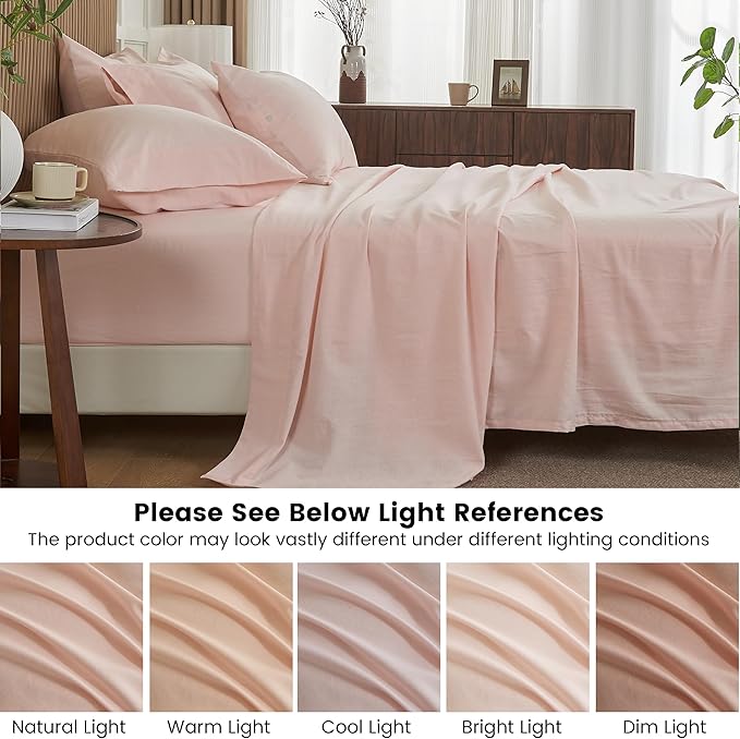 Simple&Opulence Belgian Linen Sheet Set Solid Color - 6 Pieces (1 Flat Sheet & 1 Fitted Sheet & 4 Pillowcases) 16" Deep Pocket Natural Flax Cotton Blended Soft Bedding - Pale Pink, King Size
