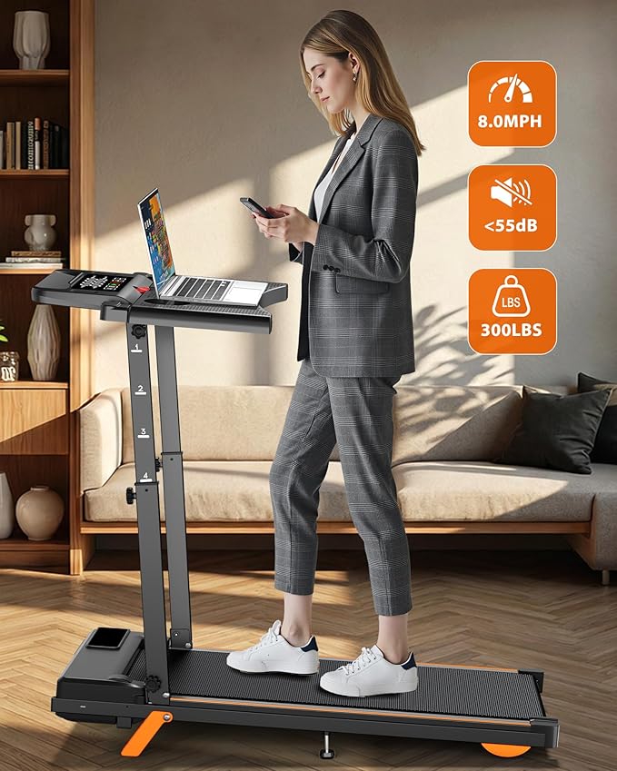 12% Incline Treadmill with Desk, 8.0MPH/3.5HP Walking Pad with Adjustable-Height Handle Bar, 300lb Weight Capacity Portable Treadmill for Home, Small Spaces,Manual Treadmills