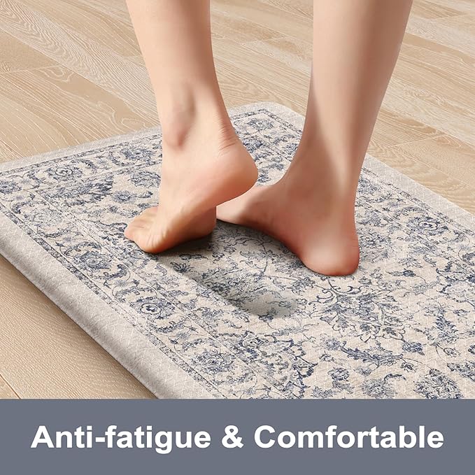 KIMODE Kitchen Floor Mats Cushioned Anti Fatigue,Boho Floral Rugs Sets of 2,Ergonomic Memory Foam Carpet Non Slip 20" x 71"+20" x 32", Wide Long Comfort Runner for Sink Laundry Office,Blue