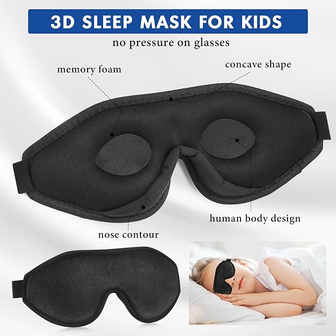Coume Sleep Mask for Kids 3D Light Block Sleeping Blindfold Memory Foam Contoured Eye Mask with Adjustable Strap Zero Pressure Eye Cover for Boys Girls for Travel Home Office Meditation(Black)