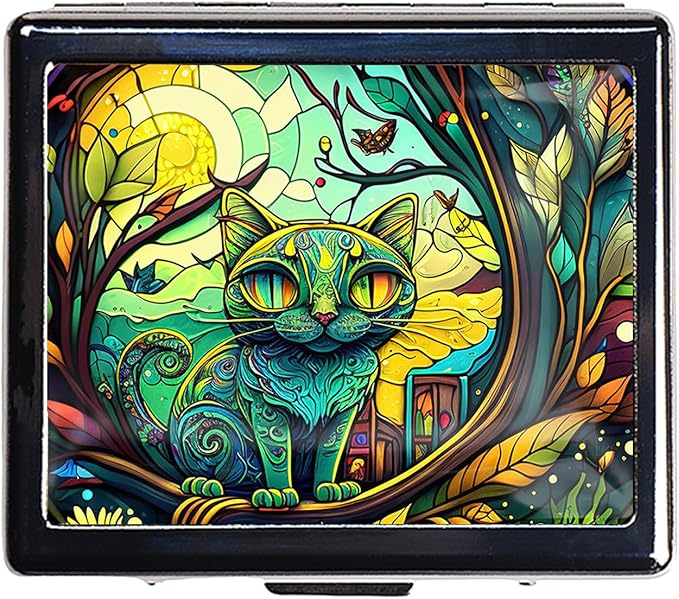 Silver Vintage Pill Box 7 Day Metal Pill Box with Mirror and 8 Compartments Cute Travel Pill Organizer for Purse (Stained Glass Cat)