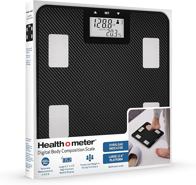 Health o meter Digital Body Composition Scale – BMI, Body Fat & Water Mass Measurement, Multi-User Tracking, 450 lb Capacity, Step-On Carbon Fiber Platform, Backlit Display, 3 AAA Batteries Included
