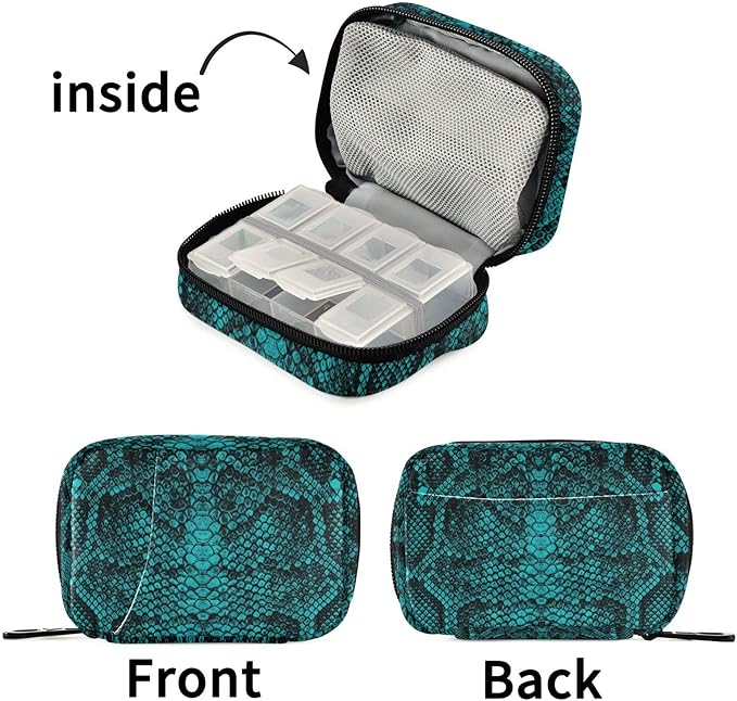 Pill Box Python Snake Print 7 Day Pill Case Travel Pill Organizer Bag with Zipper Portable Weekly Vitamin Medicine Supplement Holder Pouch Bag