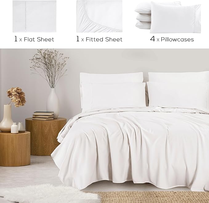 Mueller Ultratemp King Size Sheets Set, Super Soft 1800, 6 Piece, Deep Pocket up to 16" Cooling Sheets King Size, Transfers Heat, Breathes Better, Hypoallergenic, Wrinkle, White