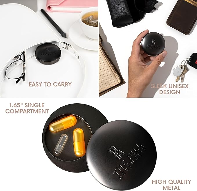 Travel Pill Case Private Pill Box The Pill Aesthetic Daily Metal Pill Organizer - for Fish Oil, Calcium Tablets, Supplements,Vitamins, Medications, Prescriptions, Bloat Pills, Probiotic, Unisex Case