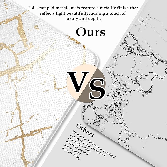 Gold Foil Stamped Marble Kitchen Mats for Floor 2PCS Cushioned Anti Fatigue Non Slip Waterproof Comfort Leather Kitchen Rugs 2/5 Inch PVC Kitchen Mats for Sink, Laundry, 17.3"x28"+17.3"x47",White