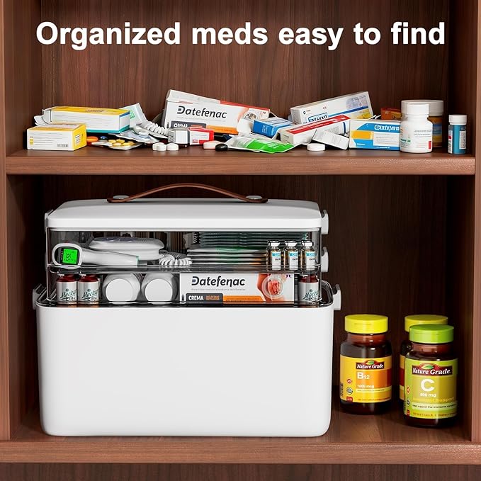 Spreezy 3-Tier Portable Medicine Organizer Box with Transparent Compartments, Home & Travel First Aid Kit, Easy-View Stackable Storage Case for Pills, Bandages & Medical Supplies