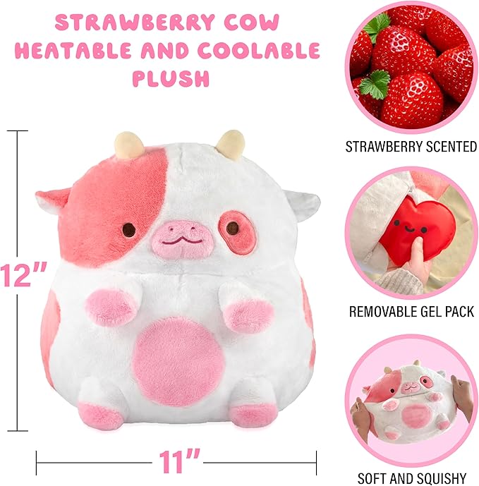 Heatable Strawberry Scented Cow Plush for Period Cramp Relief & Emotional Support, Microwavable Soft Toy Plushies, Coolable Stuffed Animal for Anxiety, Cute Heating Pad for Pain Relief