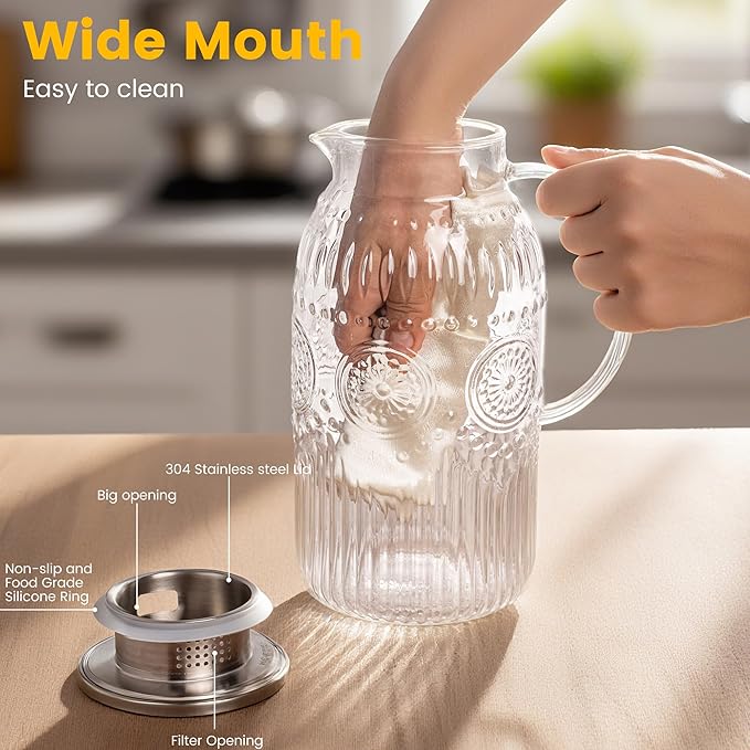Bandesun Vintage Glass Pitcher with Lid, 101oz/ 3 Liter Water Pitcher with Handle for Fridge Heat Resistant Borosilicate Water Jug, Carafe for Hot/Cold Coffee, Tea,Beverage 1Pack