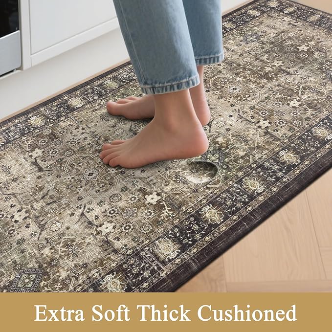 Pauwer Anti Fatigue Kitchen Floor Mats Set of 3, PVC Foam Padded Kitchen Rugs, Non Slip Cushioned Comfort Standing Mat, Waterproof Sink Rug for Small Kitchen Area, Laundry Room, Multi Brown