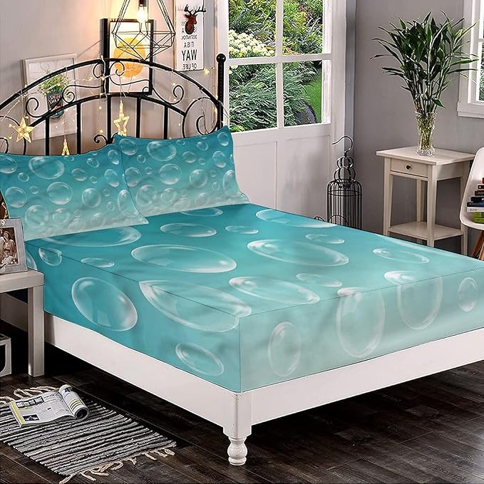 Decorative Bedding Sheet Set Full Size, Aqua Deep Pockets Fitted Sheet & 2 Pillowcases Set(No Flat Sheet), Dreamy Air Filled Bubble Forms Print Microfiber 3pc Bed Sheets Set, for Kids & Adults Bedding