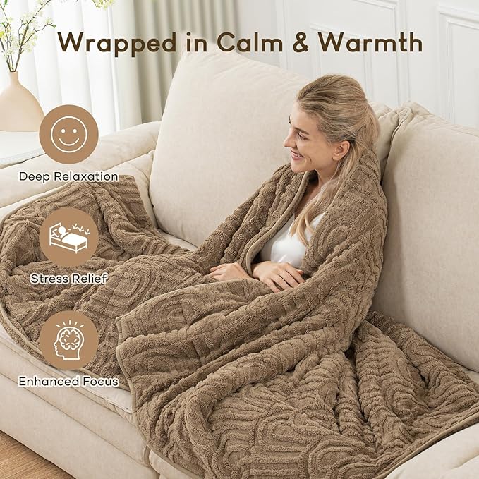 Cottonblue Jacquard Weighted Blanket for Adults 15 lbs Queen Size, Cozy Fluffy Sherpa Fleece Weighted Throw Blankets 60" x 80" for Sleep Relax, Fuzzy Warm Arch Heavy Blanket Soft for Bed Couch, Khaki
