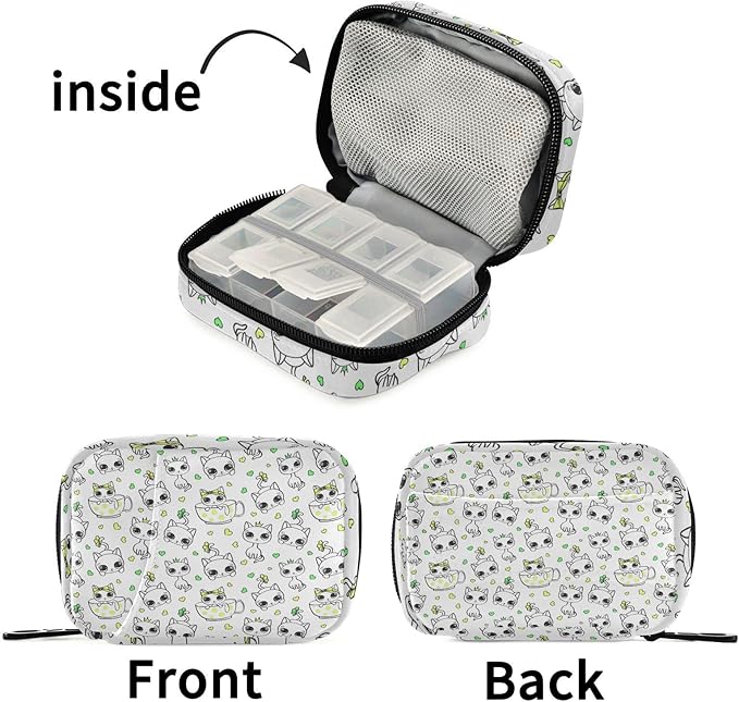 Pill Box Cat 7 Day Pill Case Travel Pill Organizer Bag with Zipper Portable Weekly Vitamin Medicine Supplement Holder Pouch Bag