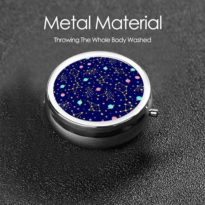 Blue Zodiac Galaxy Starry Night Stars Glow in The Dark Midnight Custom Round Silver Pill Box Pocket Medicine Tablet Holder Organizer Case for Purse