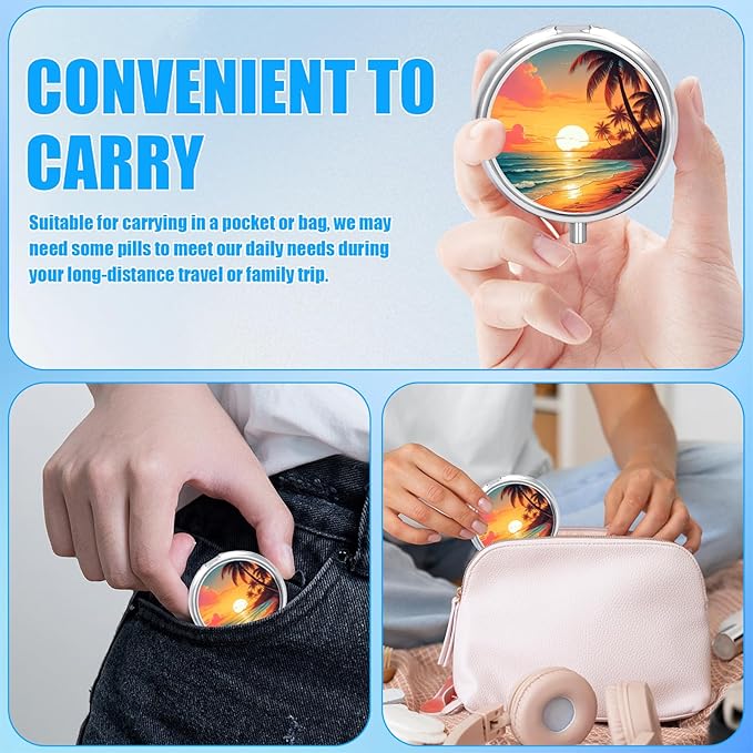 Pill Box, 3 Compartments Small Beach Sunset Pill Case Travel Portable Metal Medicine Box with Mirror Mini Container for Purse Pocket Women Men(Palm Tree)