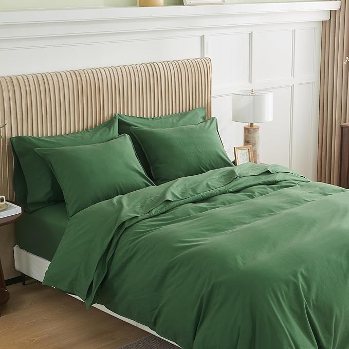 Simple&Opulence Belgian Linen Sheet Set Solid Color - 6 Pieces (1 Flat Sheet & 1 Fitted Sheet & 4 Pillowcases) 16" Deep Pocket Natural Flax Cotton Blended Soft Bedding - Forest Green, King Size