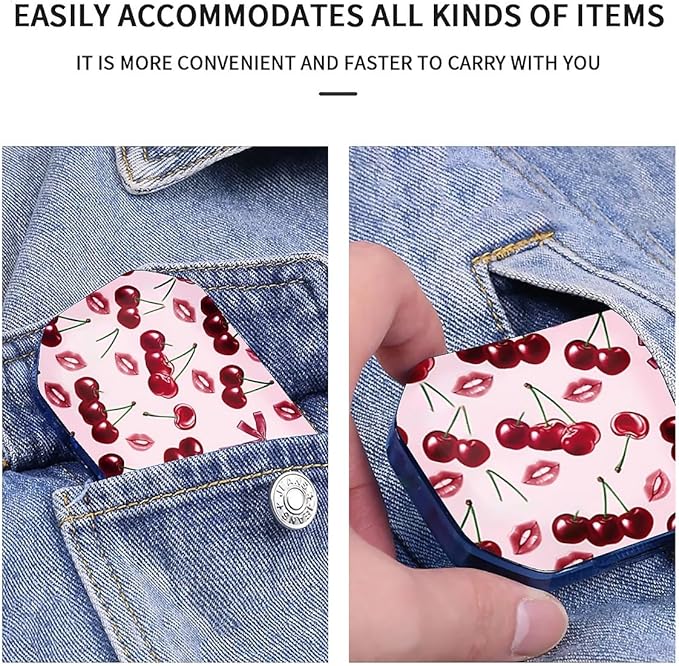 This Portable Pink Cherry Lip Print Pattern 6-Compartment Pillbox Can Be Placed in A Pocket Or Wallet to Store Vitamins, Medicines Fish Oil Health Supplements Other Medications.