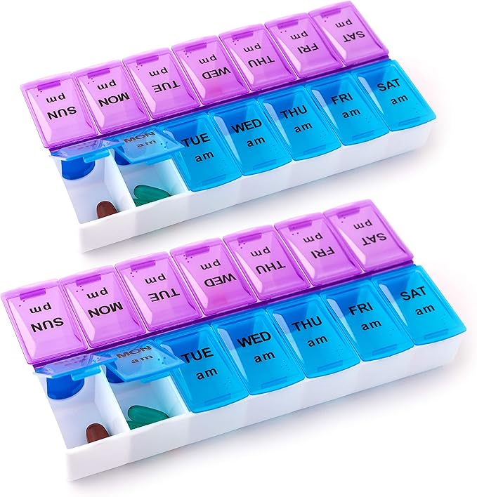 Deke Home - Pill Organizer 2 Times a Day (2 Pack), Weekly AM PM Pill Box, 7 Day Morning and Night Medicine Organizer, BPA-Free Daily Vitamin Container, Easy Open Travel Pill Case, 7.8"x3.6"x1.3"