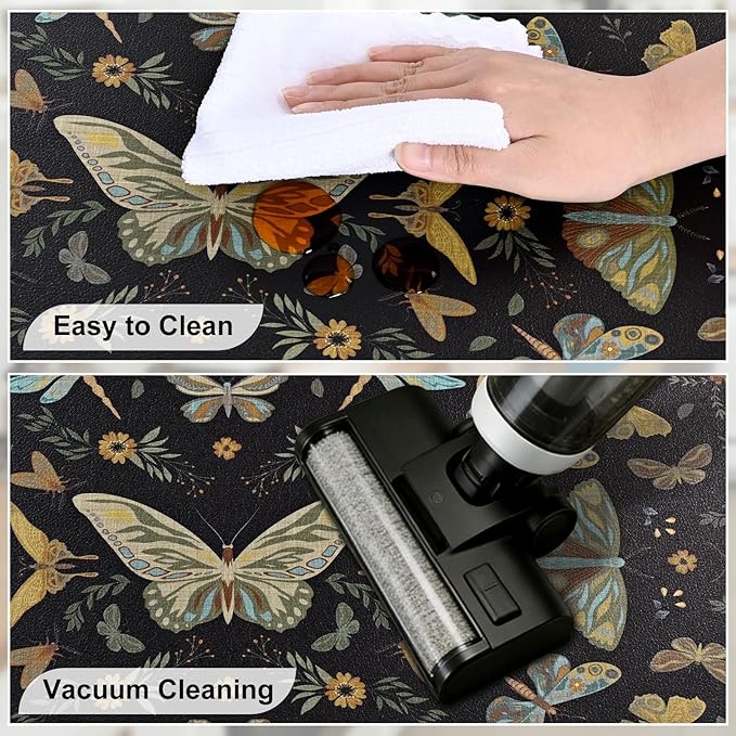 Yinhua Kitchen Rugs Sets of 2, Black Insect Kitchen Rugs Non Slip Washable, Farmhouse Anti Fatigue Mats for Kitchen Floor, PVC Waterproof Rug for Spring Summer, 18"x30"+18"x48"