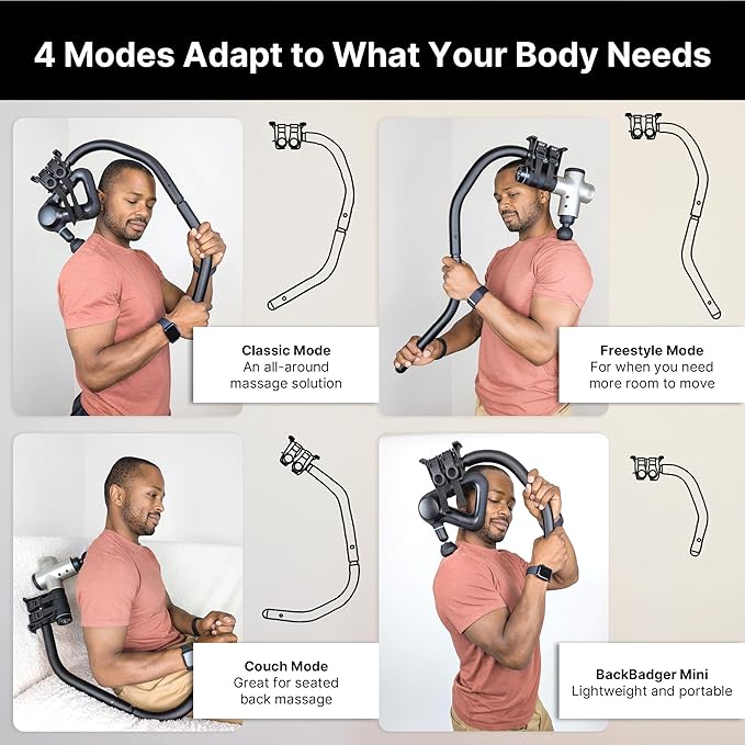 BackBadger Flex Massage Gun Holder for Hard to Reach Areas, Adjustable Ergonomic Handle, for Full-Body Muscle Pain Relief in Back, Neck, Shoulders, Legs, Feet, Compatible with Most Massage Guns