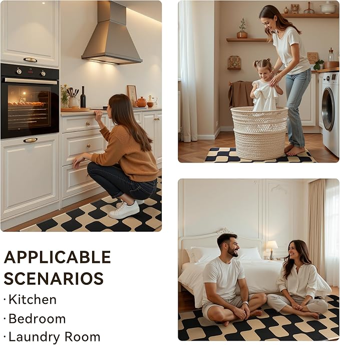 Black Brown Retro Curvy Checkered Grid Checkerboard Kitchen Rug Sets [2 PCs], Anti-Fatigue, Waterproof Non-Slip Kitchen Mats Heavy Duty Comfort Foam Rug for Floor, Home, Laundry,17"x29"+17"x47"