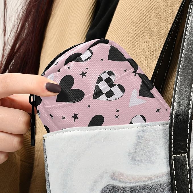 Fustylead Black and White Hearts on Pink Travel Pill Organizer Bag with Zipper Small Pill Box 7 Day Pill Case for Purse Storage Weekly Vitamin Medicine Supplement