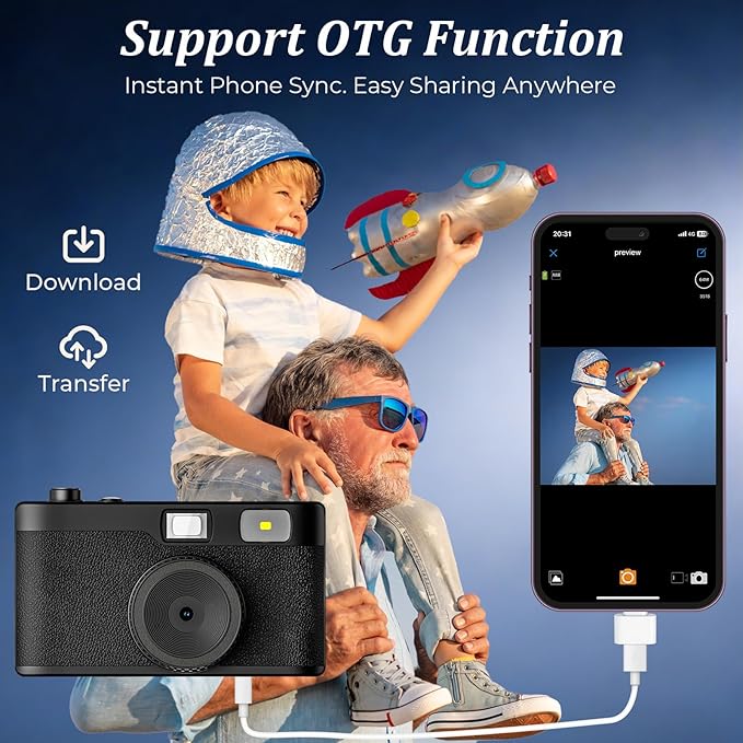 Screen Free Digital Camera, Reusable 12MP Vintage Digital Camera with Unlimited DIY Filters, OTG Support and Flash Light for Summer Camp with 32GB Micro SD Card, OTG Adapter and Type-C Cable（Black）