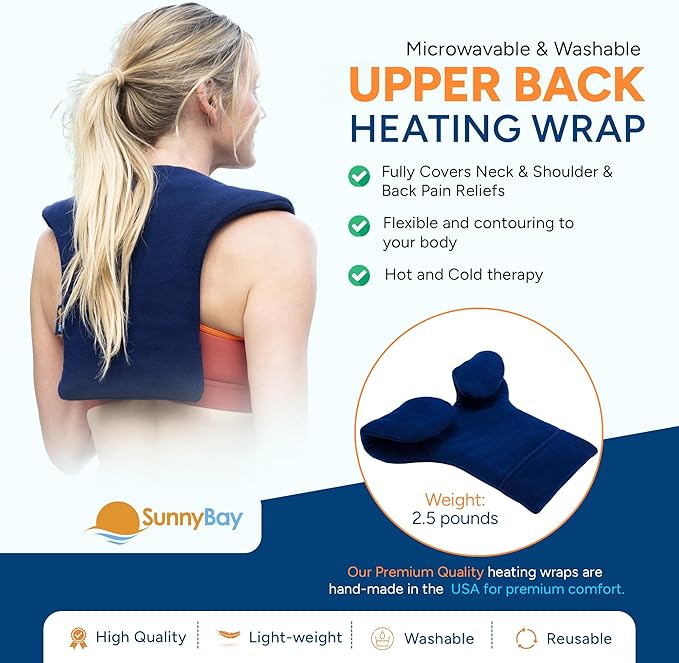 SunnyBay Shoulder and Upper Back Heating Pad, Microwavable Heated Neck and Shoulder Wrap, Weighted Moist Pain Relief Pack with Washable Cover and Flax Seed Filling, Large, Navy Blue