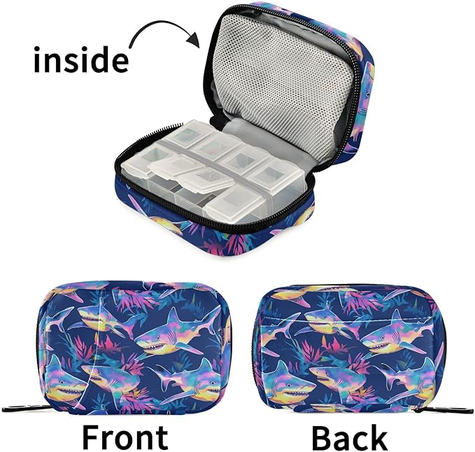 Fustylead Beautiful Tie Dye Sharks Travel Pill Organizer Case Zipper for Purse with Removable Weekly Pill Box for Medicine, Vitamin, Supplement Medicine Organizer