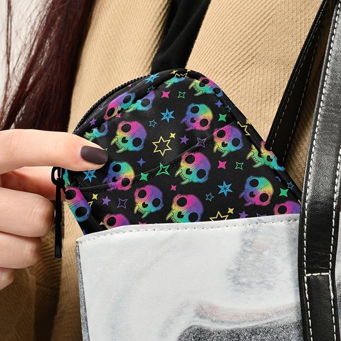 Travel Pill Organizer Bag Weekly Pill Organizer Case Goth Rainbow Style Skull Portable Small Daily Pill Boxes for Vitamin Fish Oils Supplement Holder with Zipper Compact Size