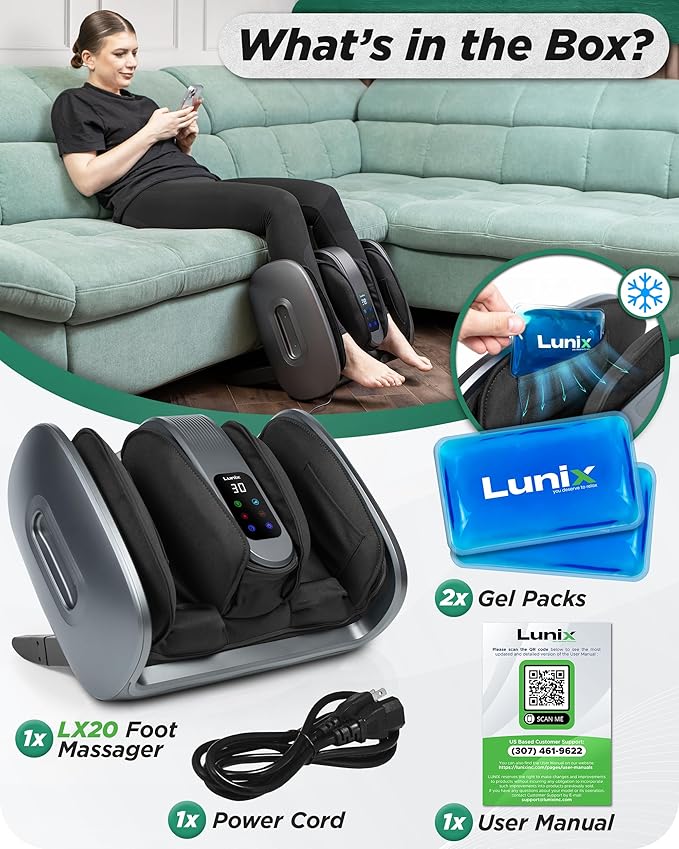 Lunix LX20 FSA Foot and Calf Massager for Plantar Fasciitis, Neuropathy Relief, Adjustable Leg Ankle Deep Kneading Shiatsu Therapy with Heat, Blood Circulation, Hot Cold Pockets Granite Gray