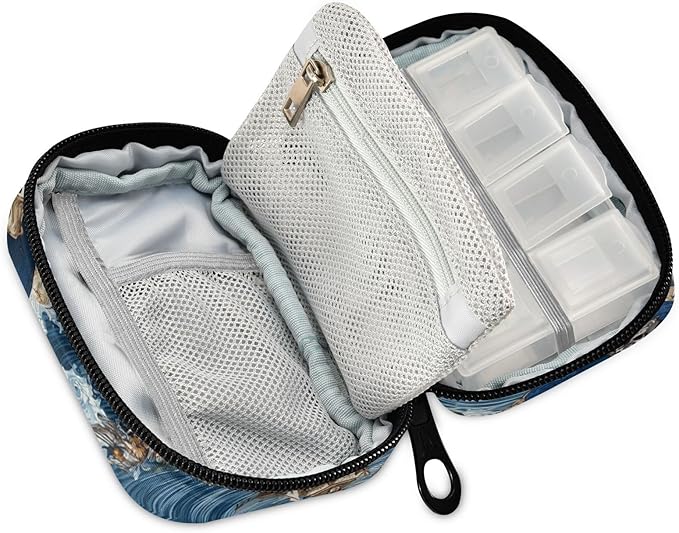 Pirate Skulls Waves Blue Travel Pill Organizer Case Box Container Weekly Portable Vitamin Medicine Holder Storage Bag with Zipper Removable