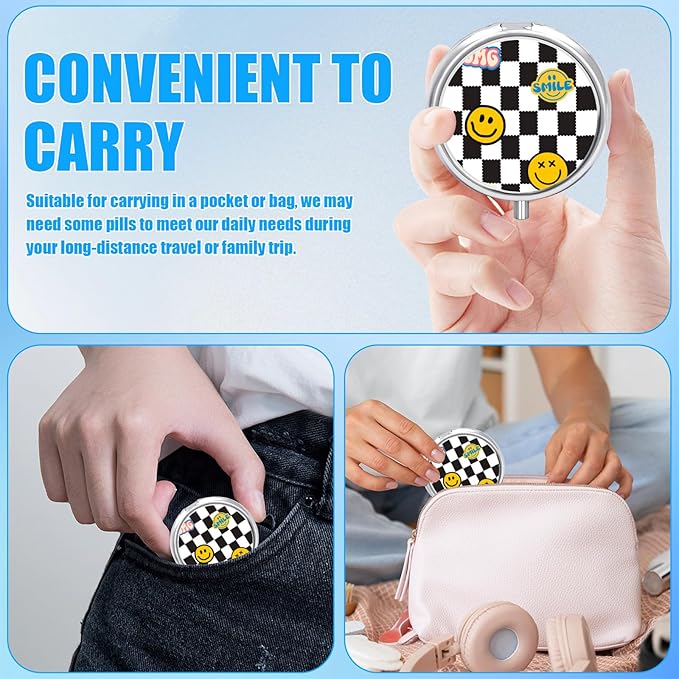Funny Smile Face Pill Case, Pill Box 3 Compartments Metal Small Holder with Mirror Mini Travel Container for Purse Pocket Women Men