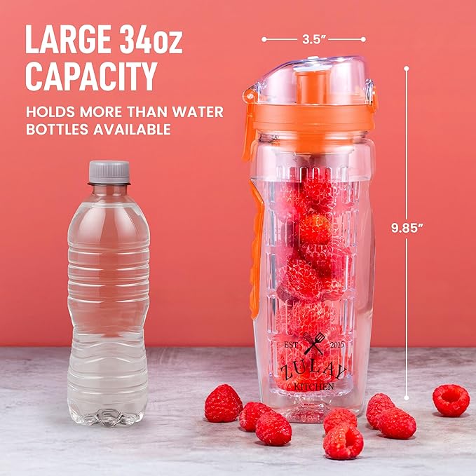 Zulay Fruit Infuser Water Bottle - 34oz - Leakproof With Full-Length Infusion Rod - Men Women's Ideal Fitness Gift Or For Gym, Camping